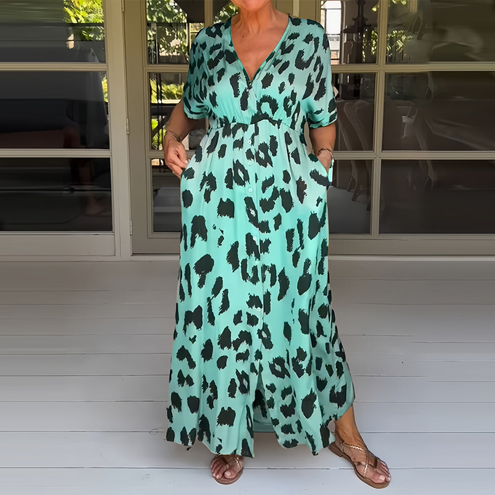 Kvinnoklänning V-Hals Leopardmönster Polyester-6