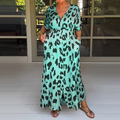 Kvinnoklänning V-Hals Leopardmönster Polyester-6