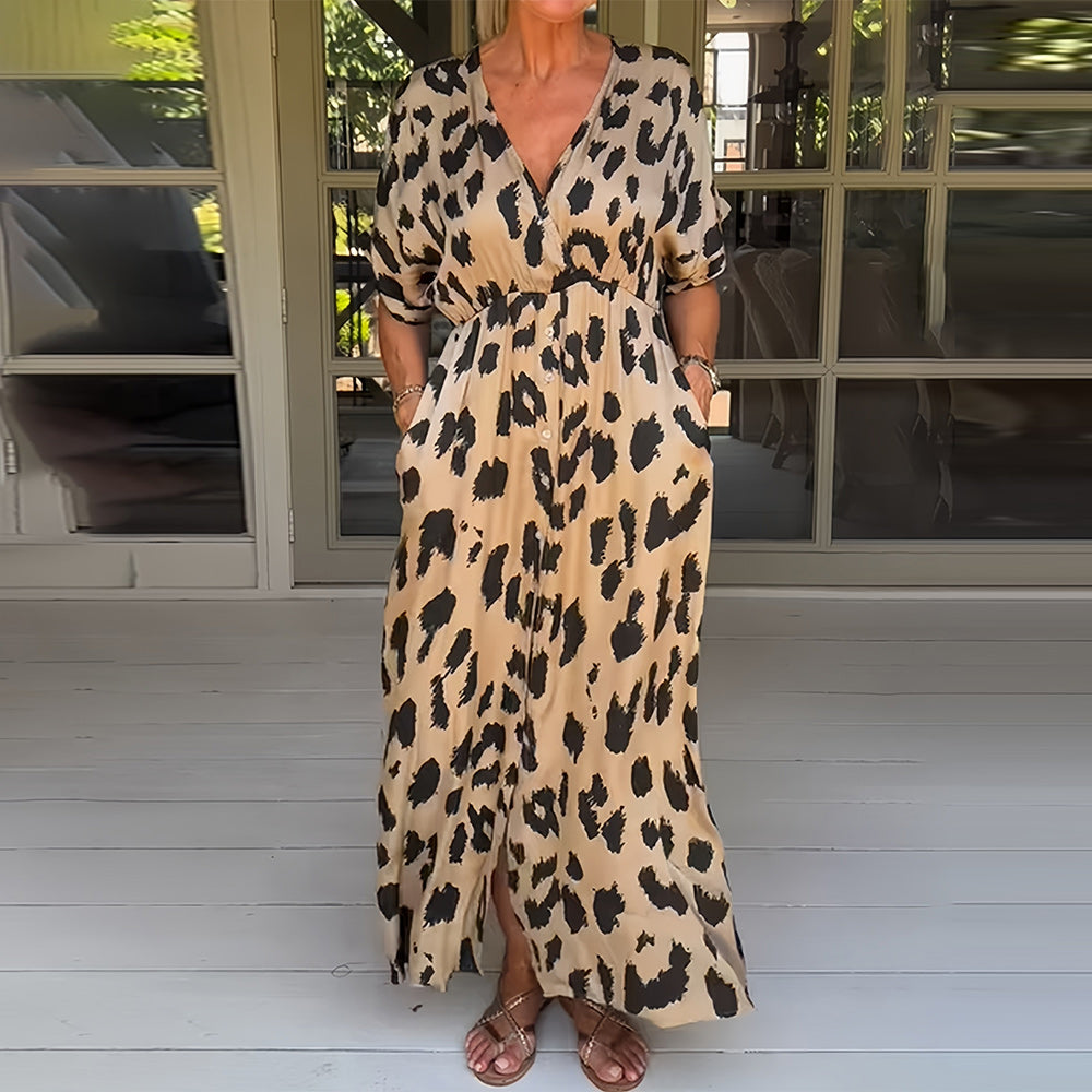 Kvinnoklänning V-Hals Leopardmönster Polyester-2