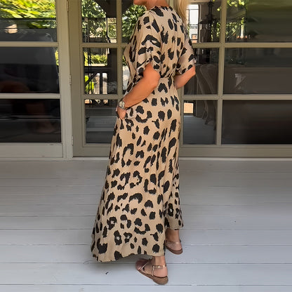 Kvinnoklänning V-Hals Leopardmönster Polyester-3