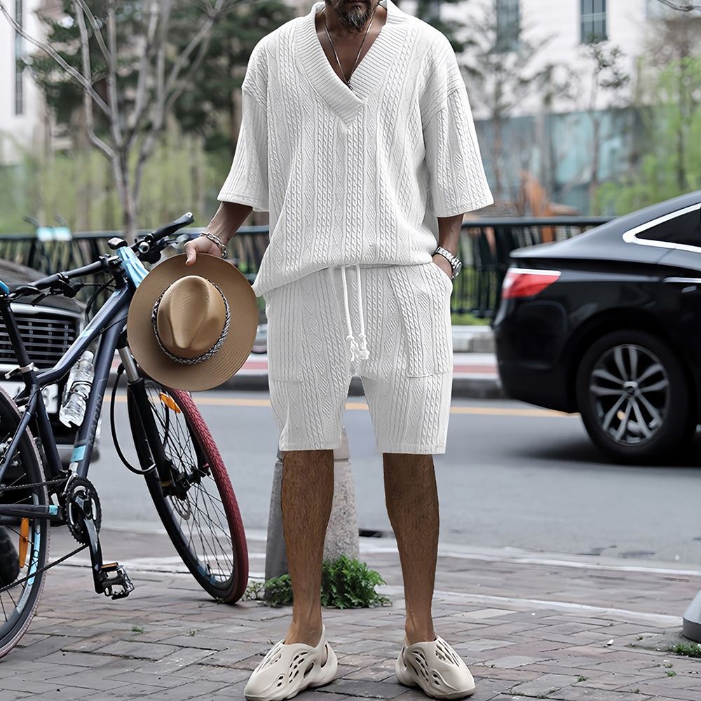 Herr Sommar Set T-Shirt V-Hals och Shorts Lätt Bomull-2