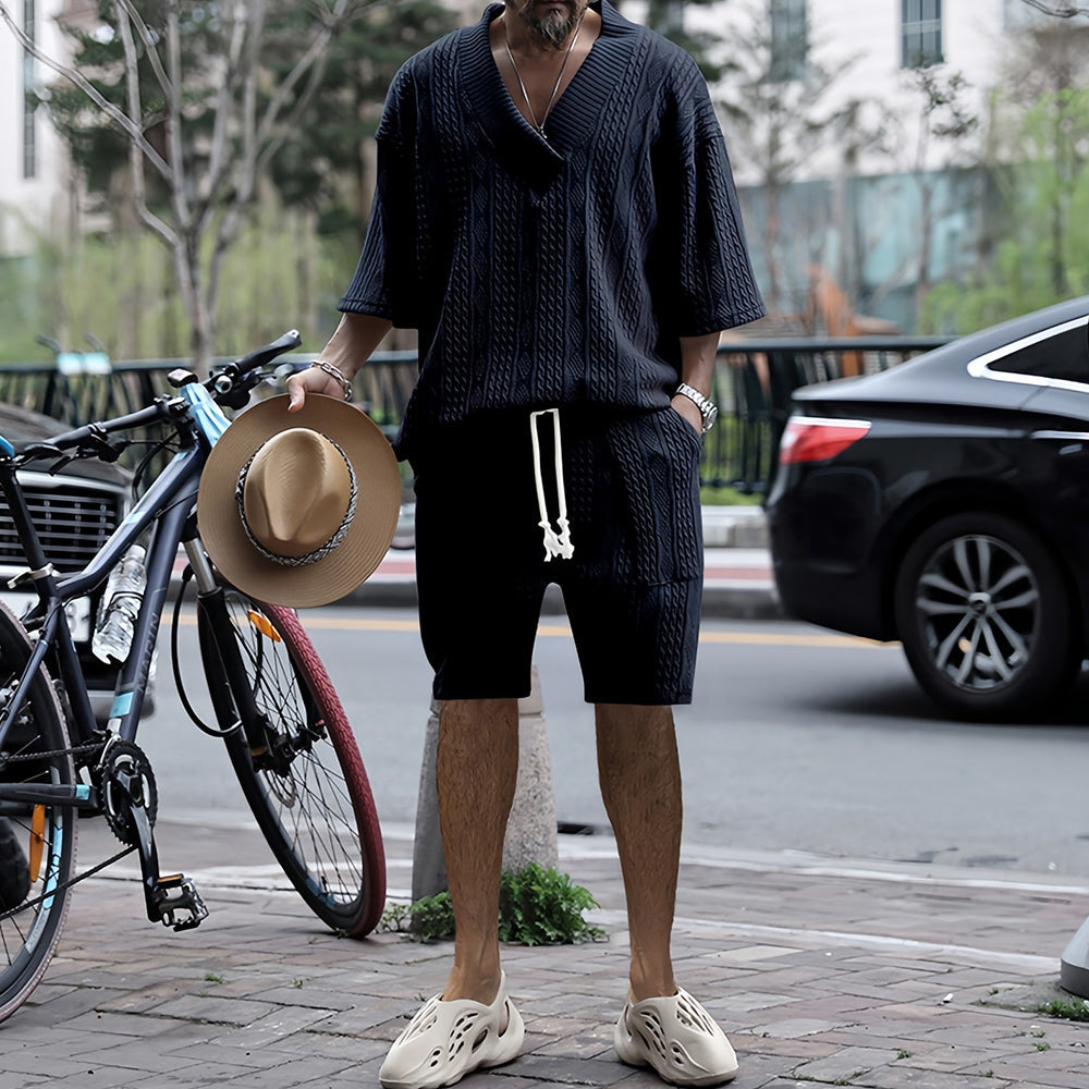 Herr Sommar Set T-Shirt V-Hals och Shorts Lätt Bomull-3