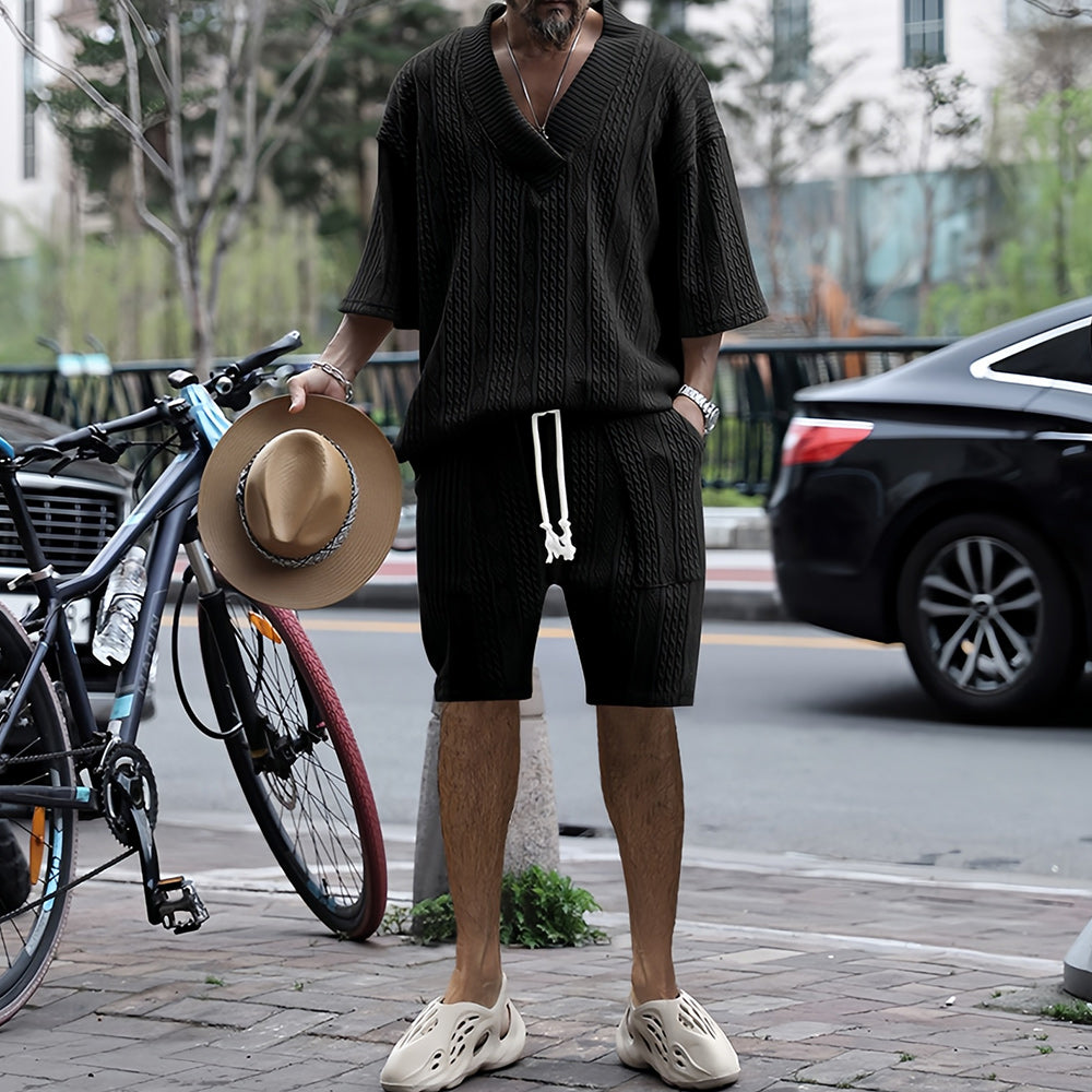 Herr Sommar Set T-Shirt V-Hals och Shorts Lätt Bomull-4