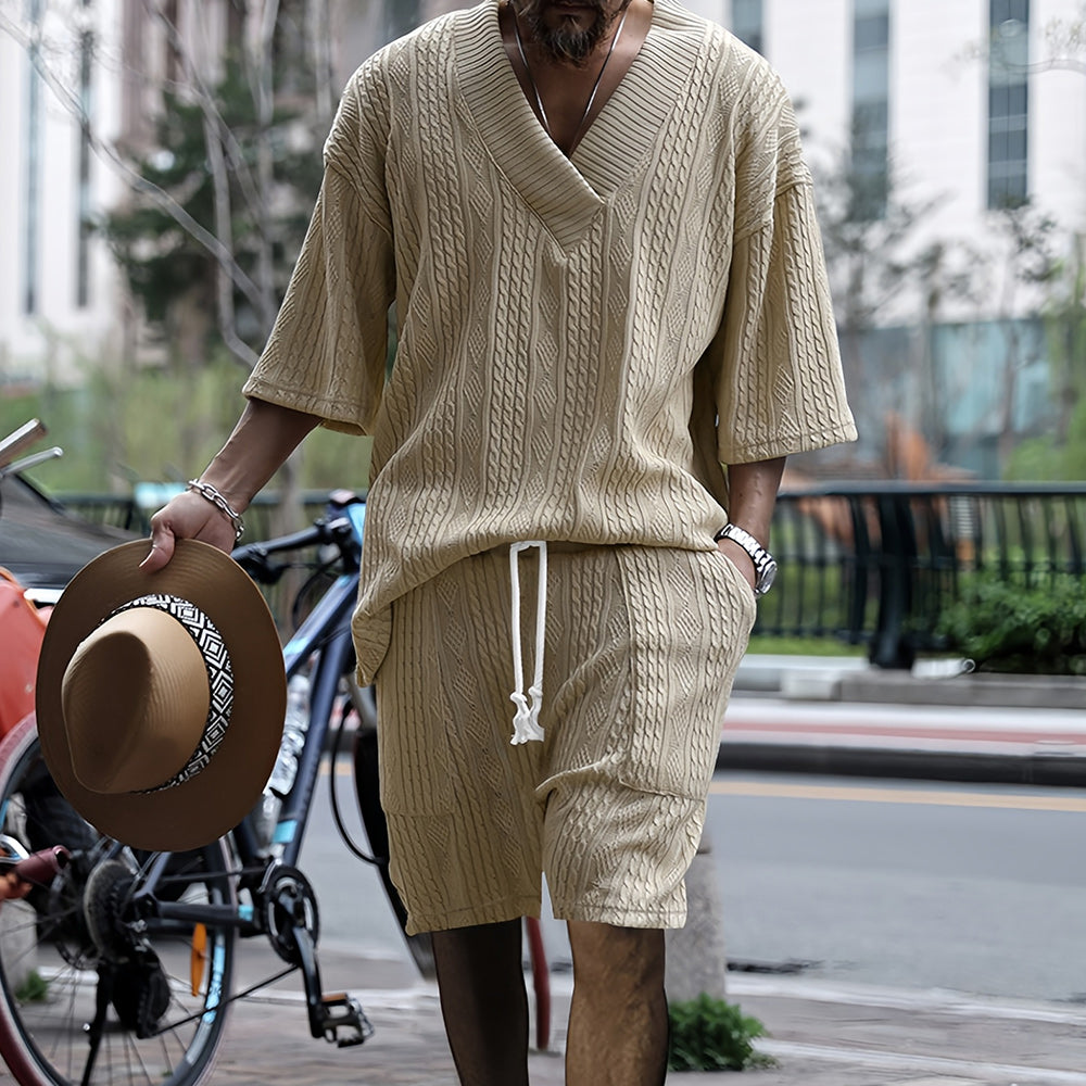 Herr Sommar Set T-Shirt V-Hals och Shorts Lätt Bomull-5