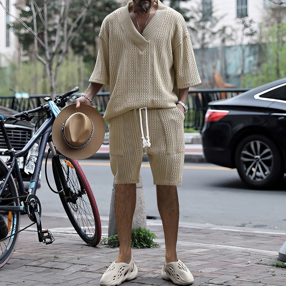 Variant image for Herr Sommar Set T-Shirt V-Hals och Shorts Lätt Bomull-16