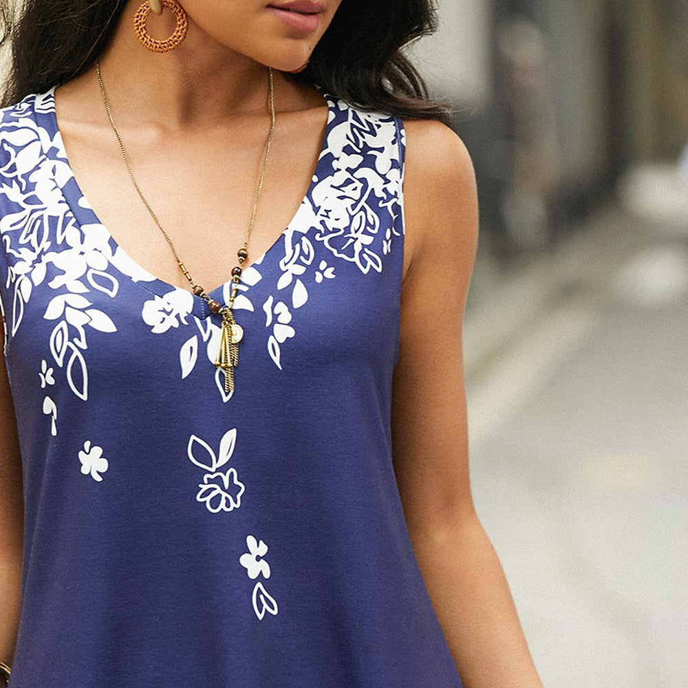 Dam Tank Top V-ringning Blommigt Mönster Polyester Loose Fit-3