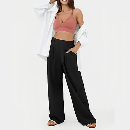 Snygga Dam Byxor Hög Midja Breda Ben 100% Bomull-4