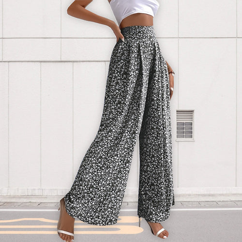 Dam Fritidsbyxor Lösa Hög Midja Blommig Polyester-1