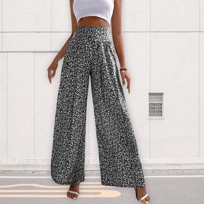 Dam Fritidsbyxor Lösa Hög Midja Blommig Polyester-3