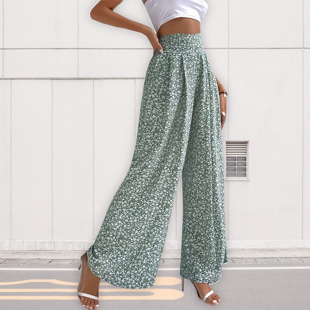 Dam Fritidsbyxor Lösa Hög Midja Blommig Polyester-5