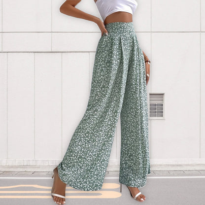 Dam Fritidsbyxor Lösa Hög Midja Blommig Polyester-5