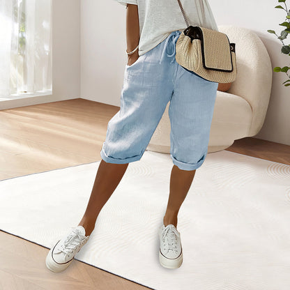 Dam Fritidsbyxor Elastisk Midja Bomull och Linne 8