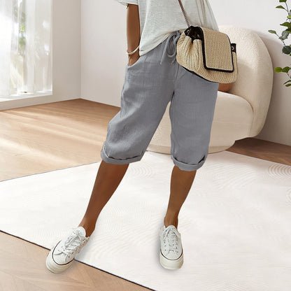 Dam Fritidsbyxor Elastisk Midja Bomull och Linne 14