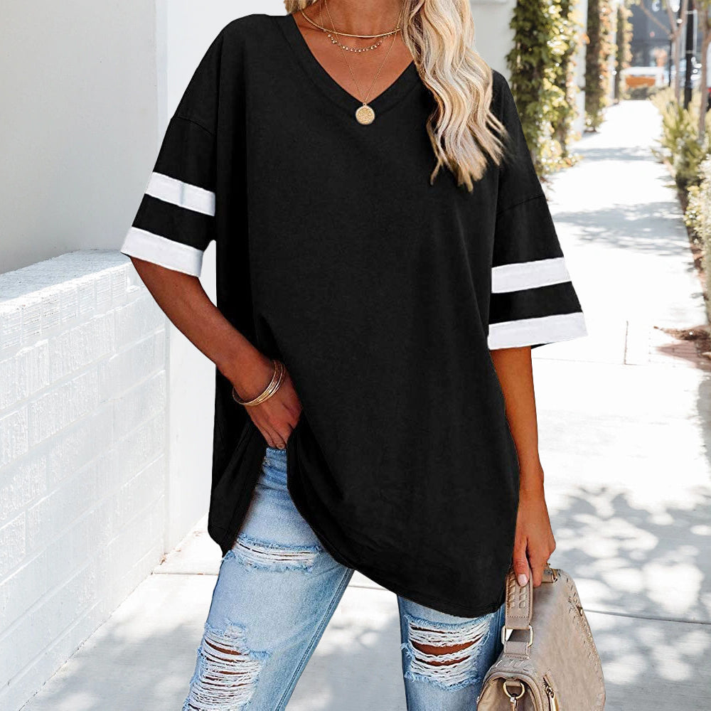 Kvinnors T-Shirt V-Hals Avslappnad Bomull med Kontrastfärger-3
