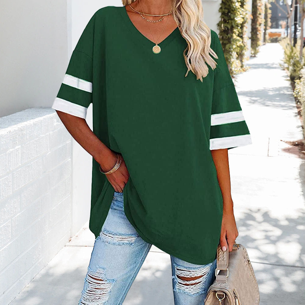 Kvinnors T-Shirt V-Hals Avslappnad Bomull med Kontrastfärger-4