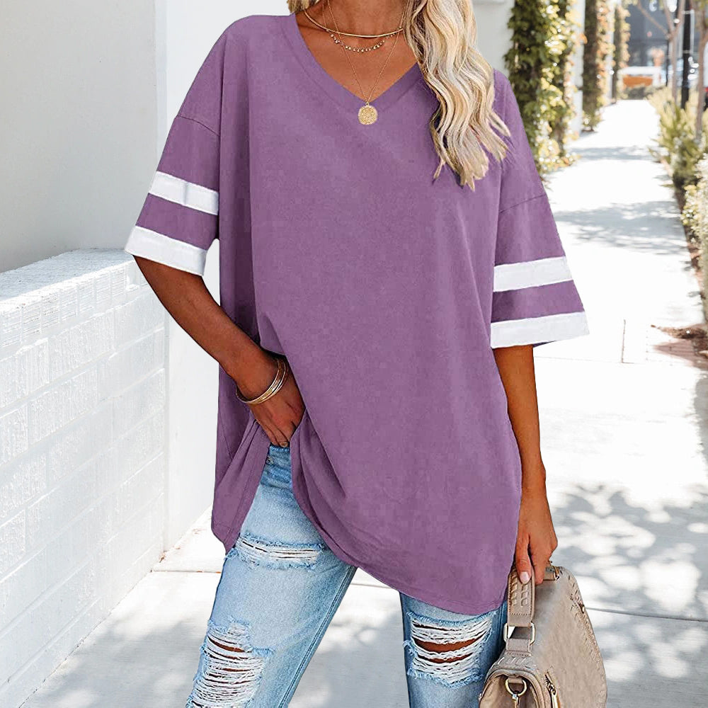 Kvinnors T-Shirt V-Hals Avslappnad Bomull med Kontrastfärger-5
