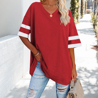 Kvinnors T-Shirt V-Hals Avslappnad Bomull med Kontrastfärger-6