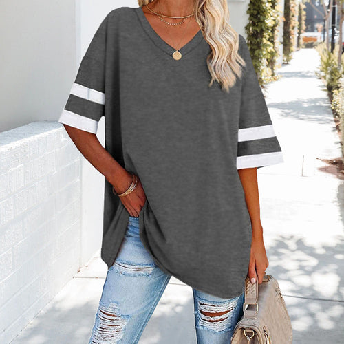 Kvinnors T-Shirt V-Hals Avslappnad Bomull med Kontrastfärger-1