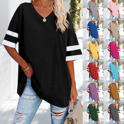 Kvinnors T-Shirt V-Hals Avslappnad Bomull med Kontrastfärger-2