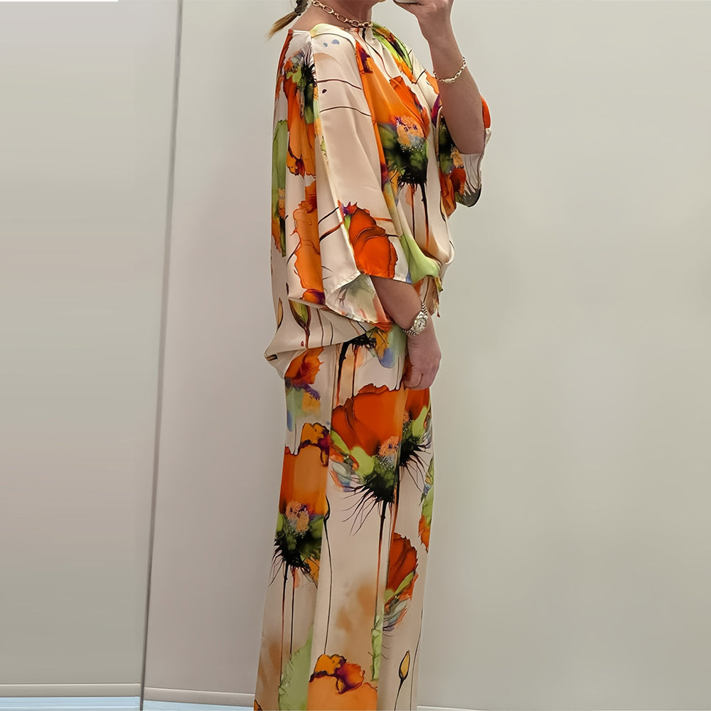 Kostym Set Dam Långärmad Blommönster Satin Elegant-2