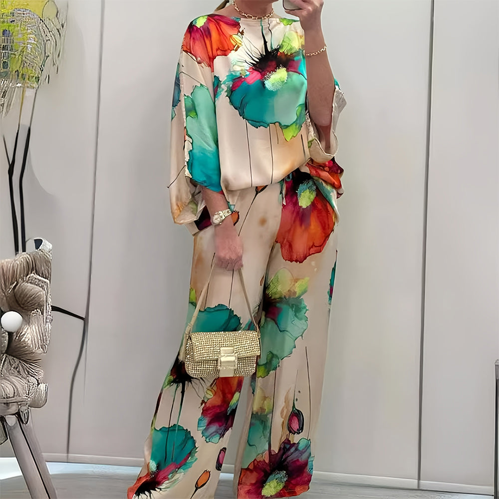 Kostym Set Dam Långärmad Blommönster Satin Elegant-4