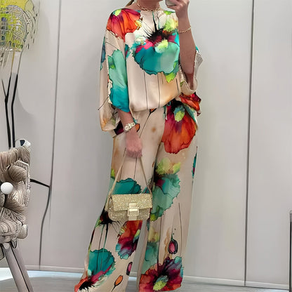 Kostym Set Dam Långärmad Blommönster Satin Elegant-4