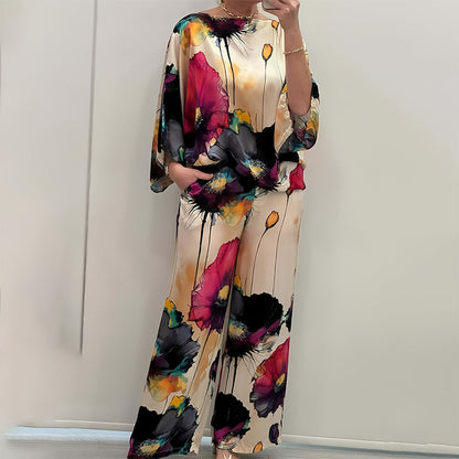 Kostym Set Dam Långärmad Blommönster Satin Elegant-5