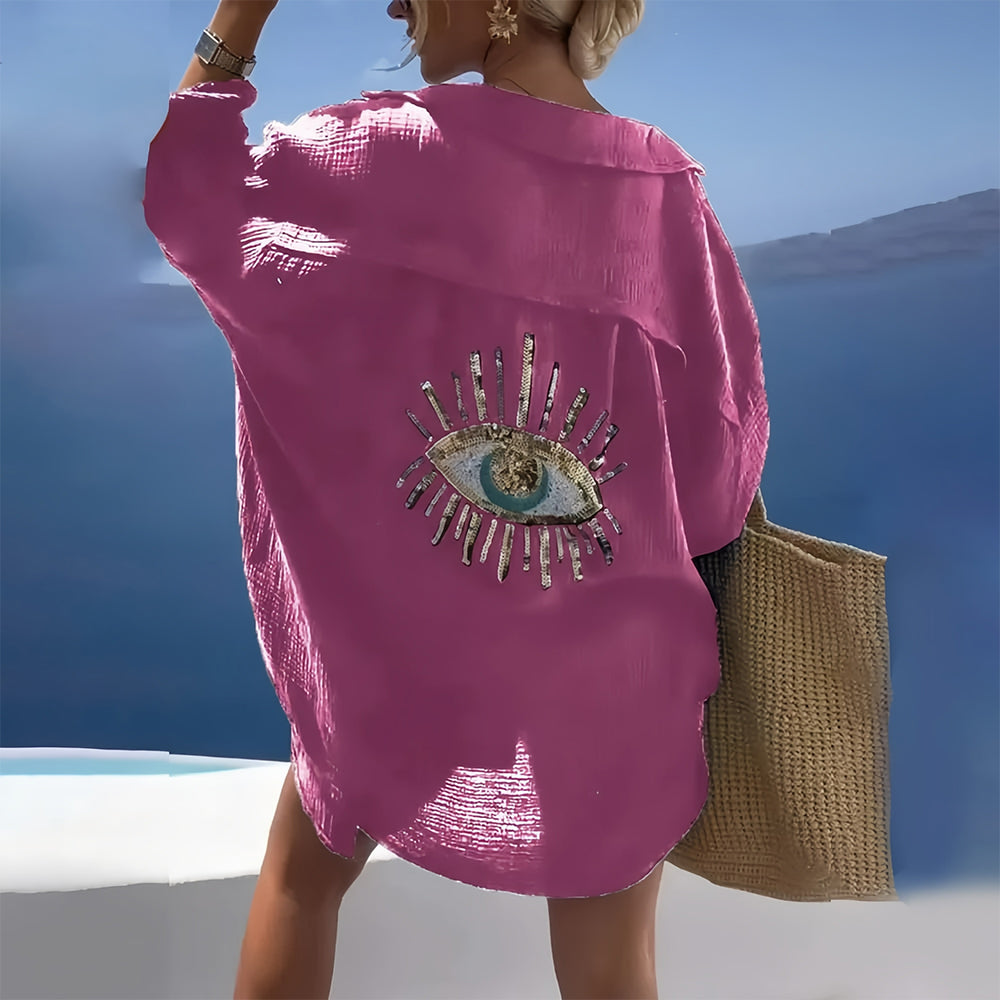 Variant image for Dam Skjortajacka Löst Snitt Bomull med Paljettögonmönster-25