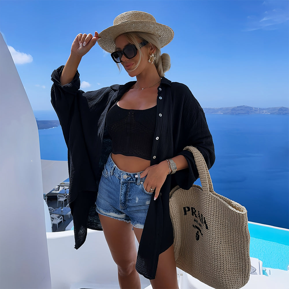 Dam Skjortajacka Löst Snitt Bomull med Paljettögonmönster-5