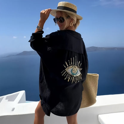 Dam Skjortajacka Löst Snitt Bomull med Paljettögonmönster-4