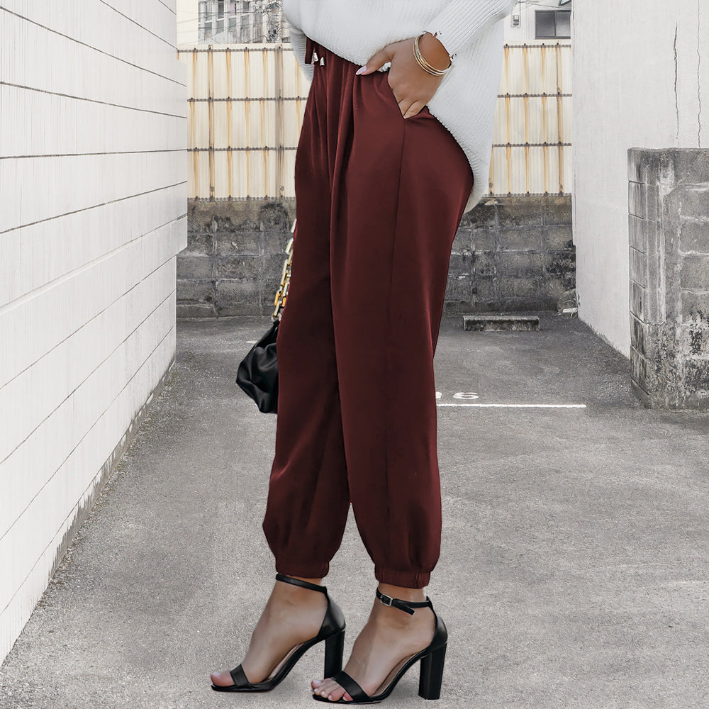 Kvinnor Byxor Hög Midja Snörning Polyester-3