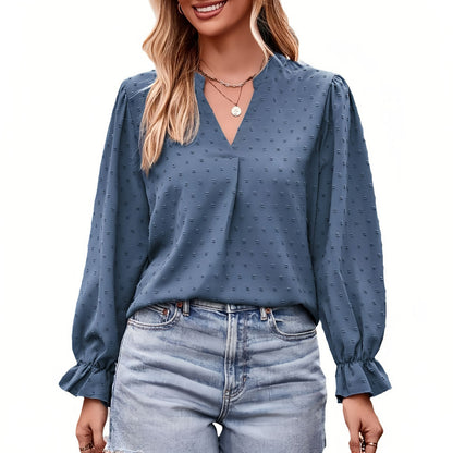 Dam T-shirt V-ringning Lätta Paraplyärmar Polyester Jacquard-1