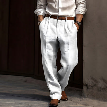 Herrbyxor Linne Rak Ben Lösa Passform med Dubbla Fickor-1