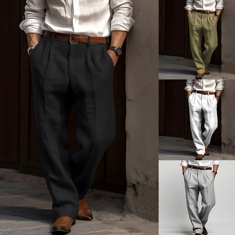 Herrbyxor Linne Rak Ben Lösa Passform med Dubbla Fickor-2