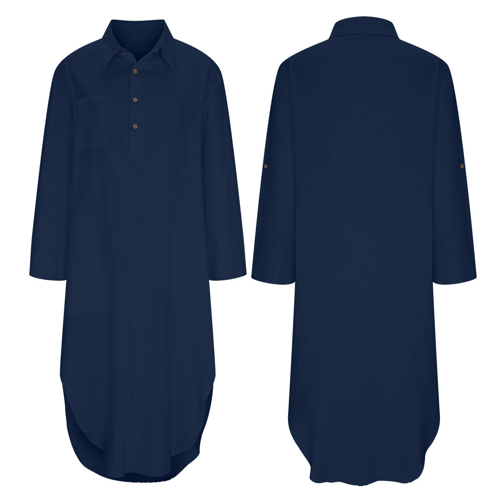 Lång Skjortklänning Dam i Linnetyg och Bomull med Slitdesign-2