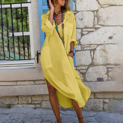 Variant image for Lång Skjortklänning Dam i Linnetyg och Bomull med Slitdesign-25