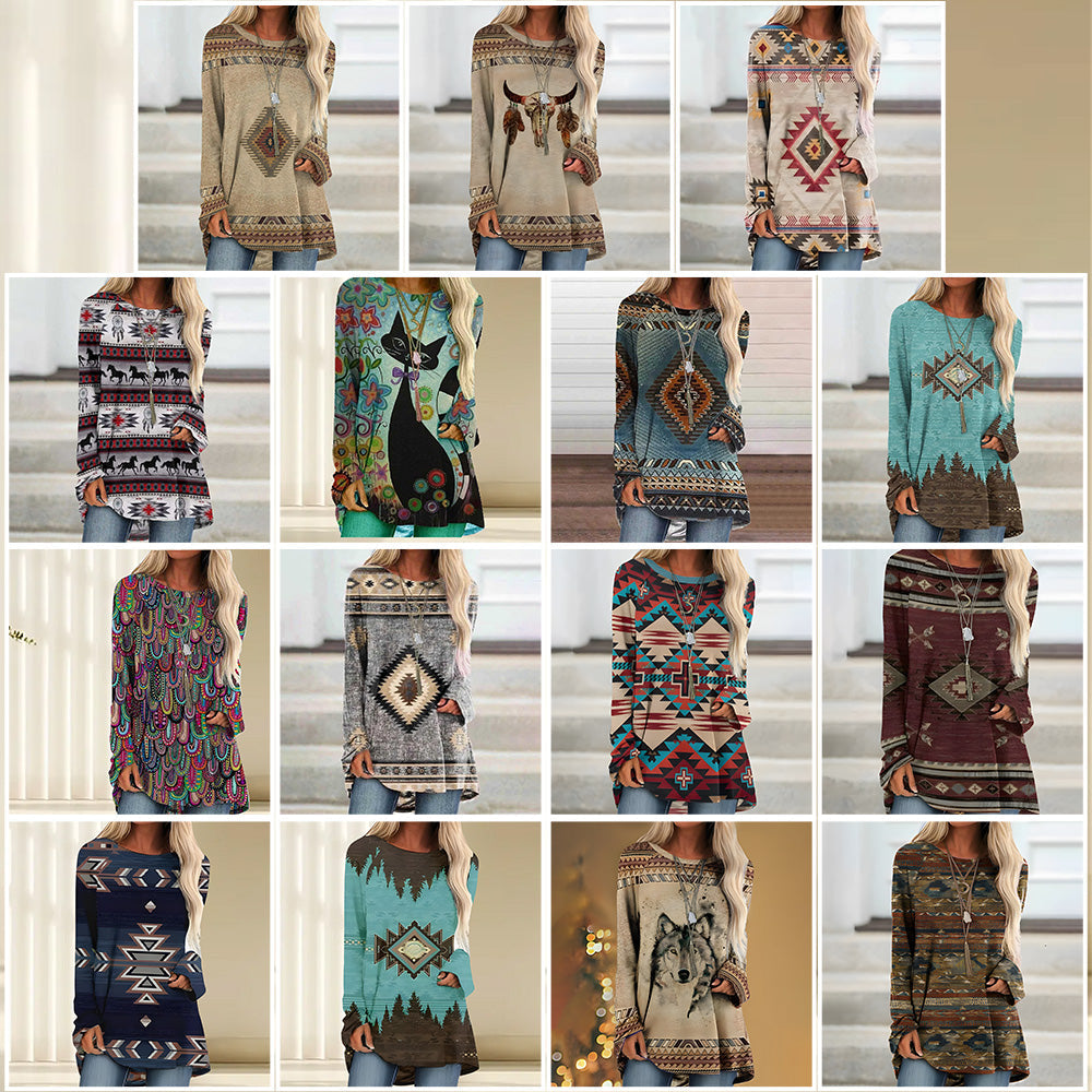 Kvinnors Lång T-shirt Bohemisk Stil Bomullsliknande-2