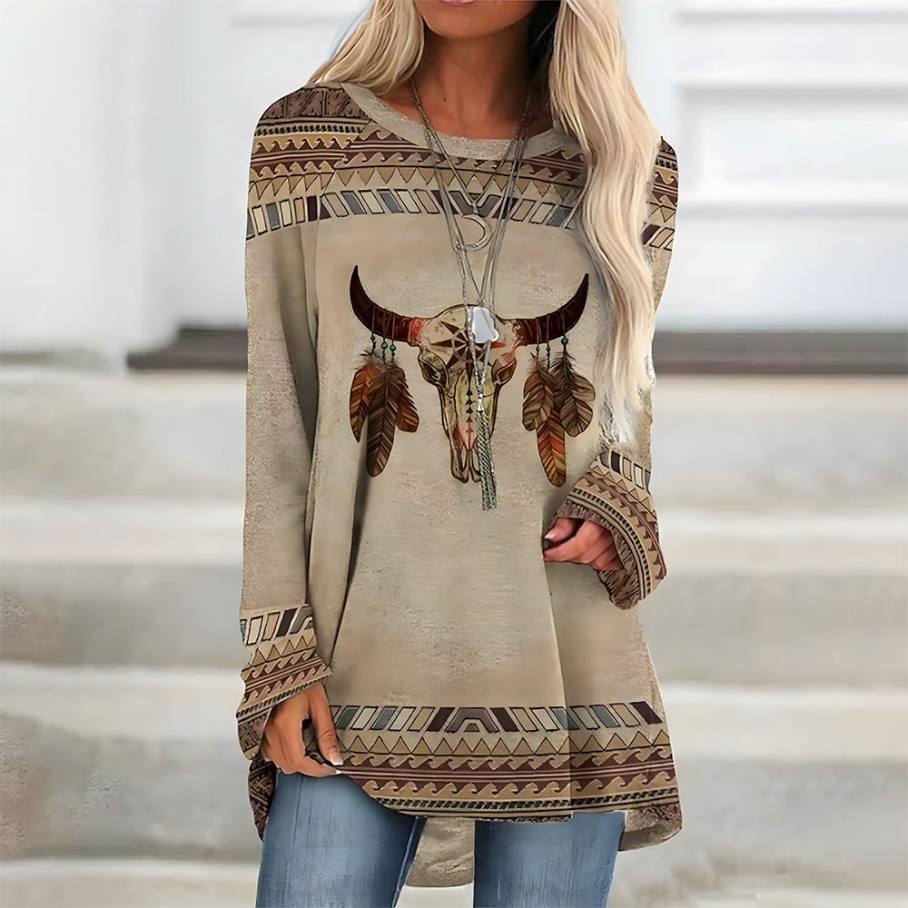 Kvinnors Lång T-shirt Bohemisk Stil Bomullsliknande-3