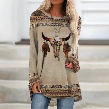 Kvinnors Lång T-shirt Bohemisk Stil Bomullsliknande-3