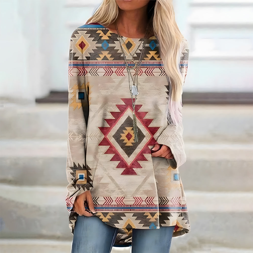 Kvinnors Lång T-shirt Bohemisk Stil Bomullsliknande-4