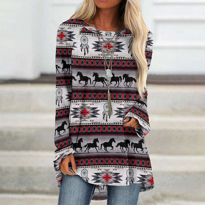 Kvinnors Lång T-shirt Bohemisk Stil Bomullsliknande-5