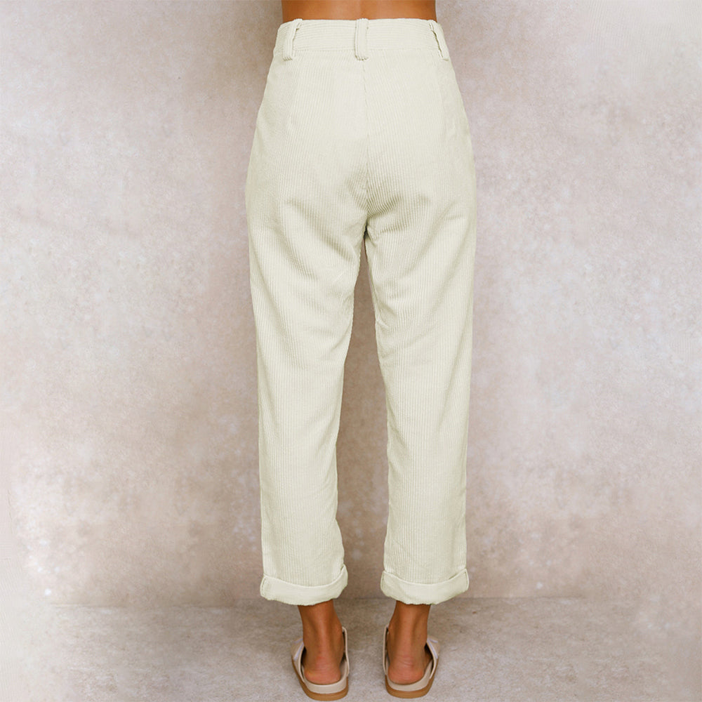 Kvinnors Höga Midja Avslappnade Byxor Kord-3