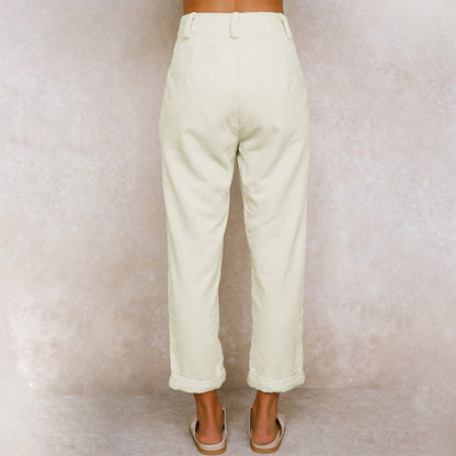Kvinnors Höga Midja Avslappnade Byxor Kord-3