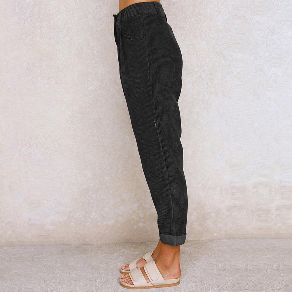 Kvinnors Höga Midja Avslappnade Byxor Kord-4