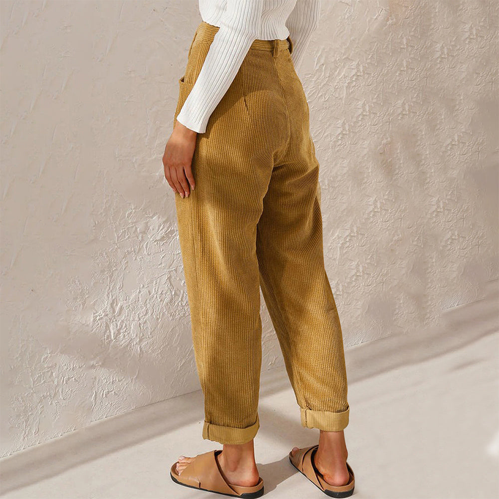 Kvinnors Höga Midja Avslappnade Byxor Kord-5