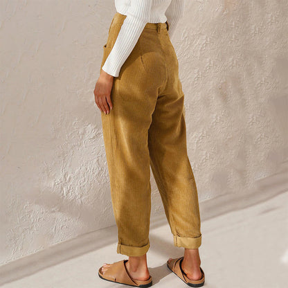 Kvinnors Höga Midja Avslappnade Byxor Kord-5