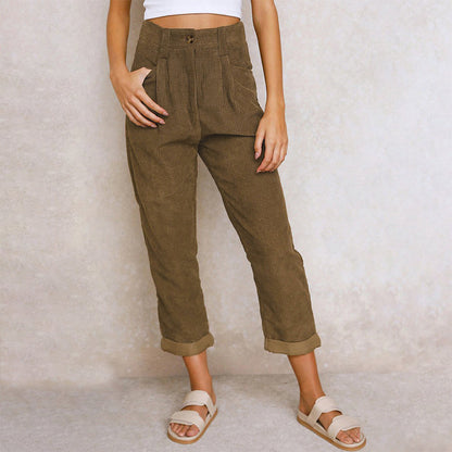 Variant image for Kvinnors Höga Midja Avslappnade Byxor Kord-19