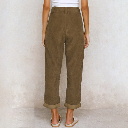 Kvinnors Höga Midja Avslappnade Byxor Kord-6