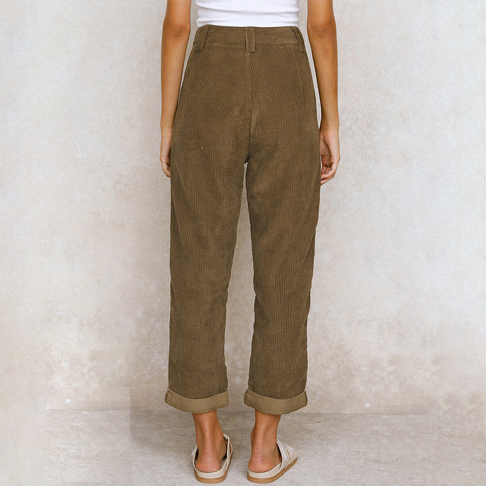 Kvinnors Höga Midja Avslappnade Byxor Kord-6