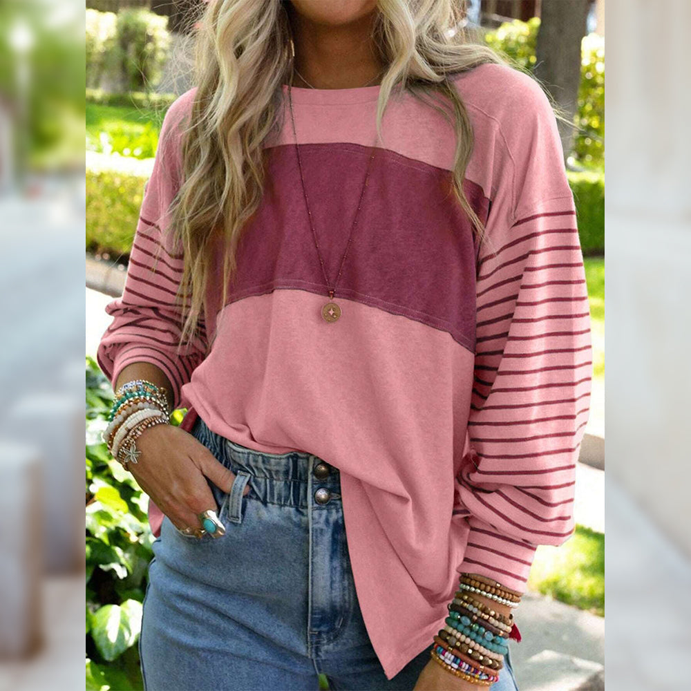 Kvinnor Långärmad T-shirt Randig Polyester med Rundad Hals-3